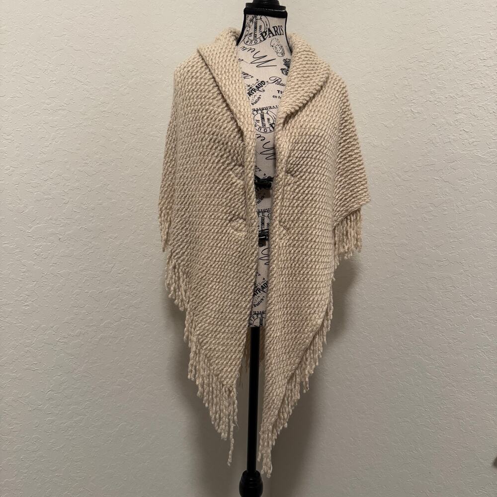 Cream Color Knit Pancho Shawl with Toggle Closure One Size Fringe Warm Cozy
